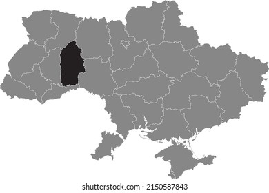 Black flat blank highlighted locator map of the Ukrainian administrative area of KHMELNYTSKYI OBLAST inside gray flat map of UKRAINE