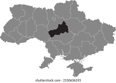 Black flat blank highlighted locator map of the Ukrainian administrative area of CHERKASY OBLAST inside gray flat map of UKRAINE