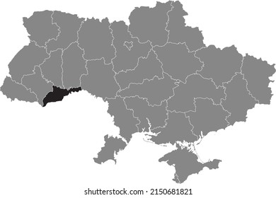 Black flat blank highlighted locator map of the Ukrainian administrative area of CHERNIVTSI OBLAST inside gray flat map of UKRAINE