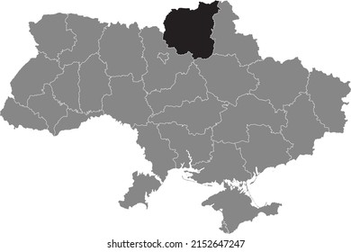 Black flat blank highlighted locator map of the Ukrainian administrative area of CHERNIHIV OBLAST inside gray flat map of UKRAINE