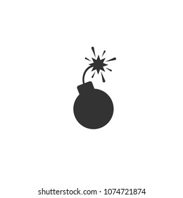 Black flat bomb icon. Round  inclined to the right bomb with fuse and fire. isolated on white. Vector illustration. 