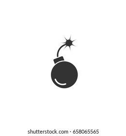 Black flat bomb icon. Round glossy inclined to the right bomb with fuse and fire. isolated on white. Vector illustration. 