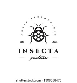 black flat bug insect and movie roll cinema logo icon vector template