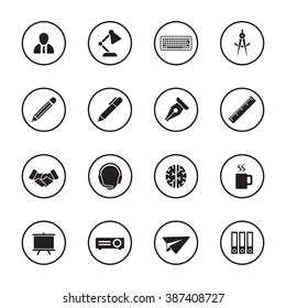 black flat business and office icon set with circle frame for web design, user interface (UI), infographic and mobile application (apps)