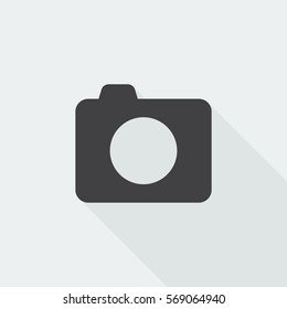 Black flat Camera icon with long shadow on white background