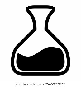 Black flat chemistry flask icon with liquid inside. Laboratory glassware symbol for science experiment, education, or pharmaceutical research vector design.