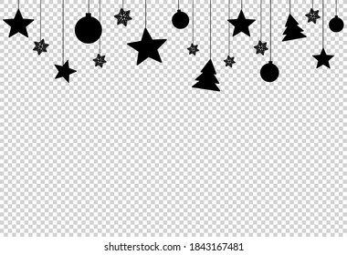 Black Flat Christmas Decoration, Star, Ball, Tree Hanging From Top Isolated  On Png Or Transparent  Background, Space For Text, Sale Banner Template , New Year, Birthdays,  Luxury Card, Vector 