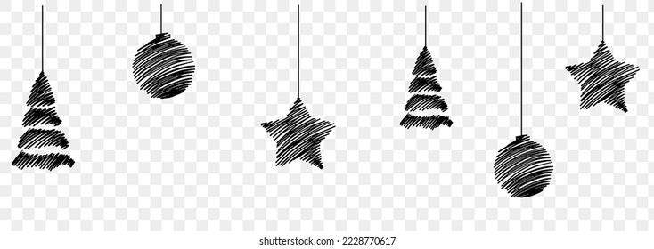 Decoración de Navidad plana negra, estrella, bola, árbol colgando de la parte superior aislado en el fondo png o transparente, espacio para texto, plantilla de banner de venta , Año Nuevo, Cumpleaños, tarjeta de lujo, vector 