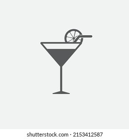 Black flat cocktail icon. Alcohol cocktail with orange and straw. Vector illustration. 