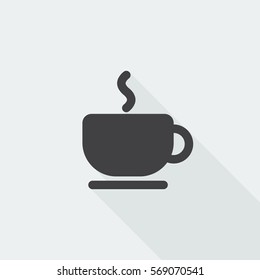 Black flat Coffee icon with long shadow on white background