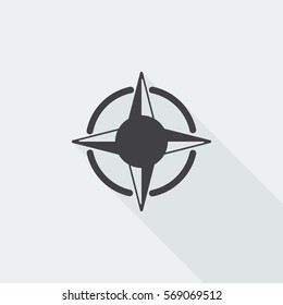 Black flat Compass Rose icon with long shadow on white background