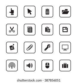 black flat computer and technology icon set with rounded rectangle frame for web design, user interface (UI), infographic and mobile application (apps)