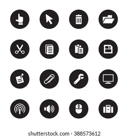 black flat computer and technology icon set on circle for web design, user interface (UI), infographic and mobile application (apps)