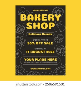 Flyer negro de la tienda de panadería de diseño plano