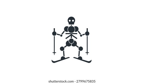 A black flat design icon depicts a stylized skeletal or robot figure with a skull-like head and jointed limbs, actively skiing with ski poles and skis on a clean white background