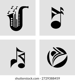 Iconos de diseño plano negro que representan un instrumento musical de saxofón y varias notas musicales aisladas sobre fondo transparente