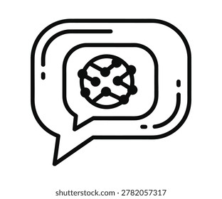 Black flat design speech bubble icon with molecular structure inside