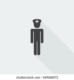 Black flat Doctor icon with long shadow on white background