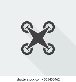 Black flat Drone Quadcopter icon with long shadow on white background