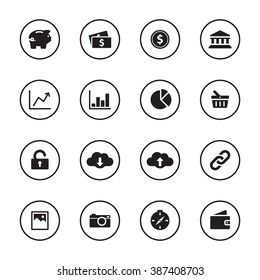 black flat finance and technology icon set with circle frame for web design, user interface (UI), infographic and mobile application (apps)