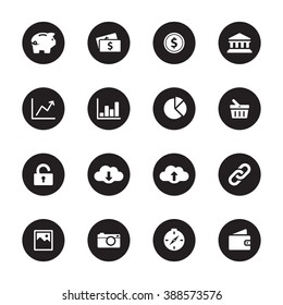 black flat finance and technology icon set on circle for web design, user interface (UI), infographic and mobile application (apps)