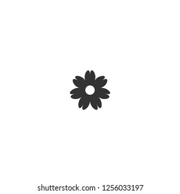 Black flat flower icon. Big Bloom with big oval petals and white core. Isolated on white.  Vector illustration. Eco style. Nature symbol.