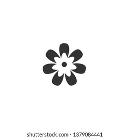 Black flat flower icon. Big Bloom with big oval petals and white core. Isolated on white.  Vector illustration. Eco style. Nature symbol.