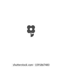 Black flat flower icon with sprig and leaves. Big Bloom with big oval petals and white core. Isolated on white. Vector illustration. Eco style. Nature symbol.