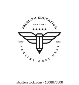 black flat geometric monoline pencil with wings fly logo icon vector template