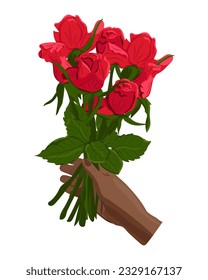 Mano plana negra con ramo de rosas rojas. Ilustración aislada vectorial sobre fondo blanco. Desde el punto de vista personal. Concepto de bienvenida o celebración