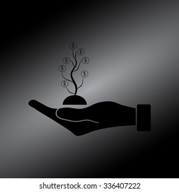 Black  flat of the hand icon with money tree