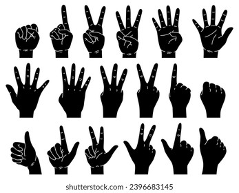 Black flat hands silhouettes counting. Keeping score with gestures. Different number of fingers. Palm and back of arm. Monochrome human fist showing. Nonverbal symbols