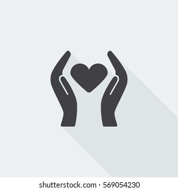 Black flat Heart care icon with long shadow on white background
