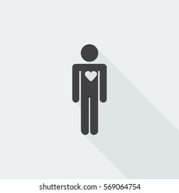 Black flat Heart icon with long shadow on white background