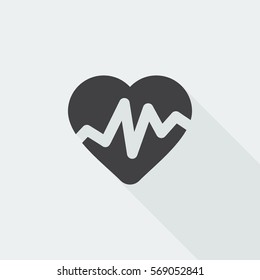 Black flat Heart Rate Pulse icon with long shadow on white background
