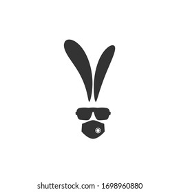 black flat hipster rabbit avatar with  glasses  and medical mask isolated on white. Easter quarantine rabbit. Geek logo. Mouth guard, virus protection, toxic air