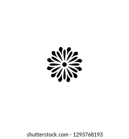 Black Flat Icon Of Chrysanthemum Flower. Big Bloom With Big Oval Petals And White Core. Isolated On White.  Vector Illustration. Eco Style. Nature Symbol.