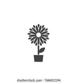 Black flat icon of chrysanthemum flower in pot. Big Bloom with big oval petals and white core. Isolated on white. Vector illustration. Eco style. Nature symbol. Black and white