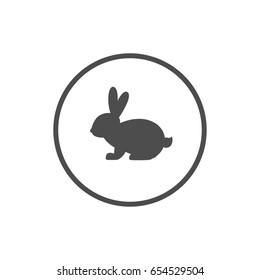 Black flat icon of cute rabbit in circle with thick outline. Easter bunny isolated on white. Vector illustration. Black and white. 