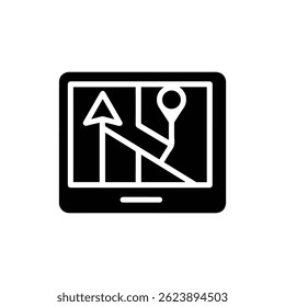 Ícone plano preto do dispositivo de navegação GPS com interface direcional simples