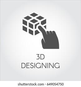 Black flat icon of hand touching cube, 3D design concept. Label of device virtual modeling. Digital simulation technology future theme. Vector illustration for your design projects