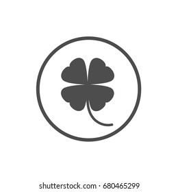 Black flat icon of irish clover in circle. Shamrock isolated on white. Vector illustration. St Patrick day badge