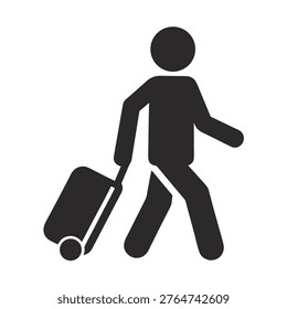 a black flat icon of a person walking with luggage