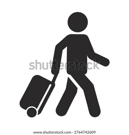 a black flat icon of a person walking with luggage
