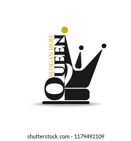 Black flat icon queen with  princess crown silhouette. Vector minimal illustration of dark logo and yellow text for shop, app store, elegant boutique, beauty saloon emblem