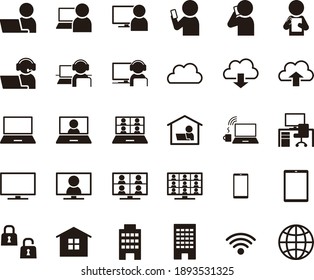 Black Flat Icon Set For Teleworking And Remote Work Using A Computer From The Office Or Home