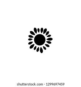 Black flat icon of sun flower. Bloom with  petals and round core. Isolated on white. Vector illustration. Eco style. Nature. Black and white