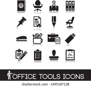 Black flat icon vector collection of office tools, business elements.