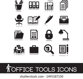 Black flat icon vector collection of office tools, business elements.