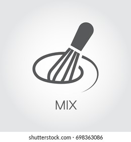 Black flat icon of whisk kitchen utensil. Egg beater graphic emblem on a gray background. Culinary symbol. Vector illustration